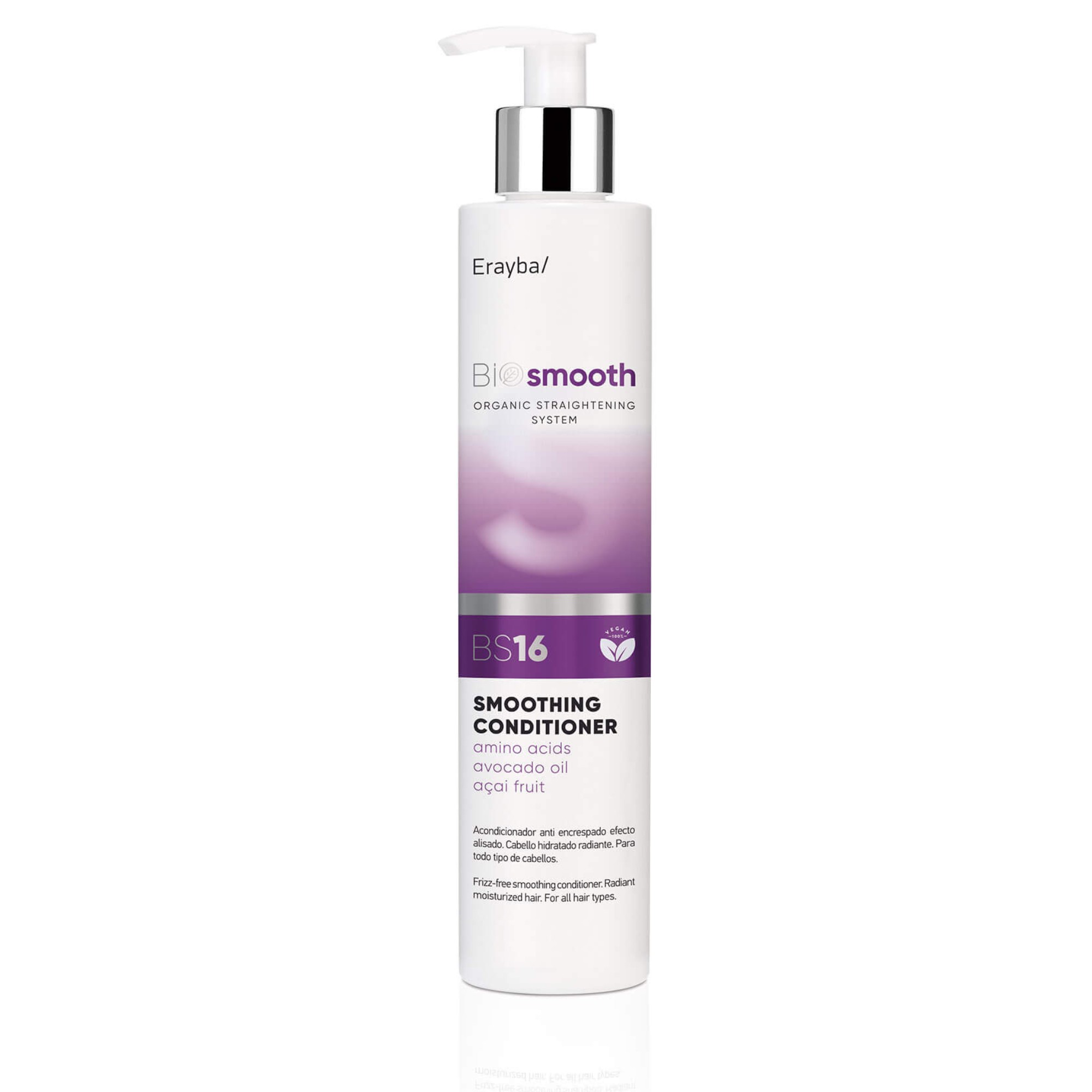 Ayuda a realzar la forma natural del rizo, aportando mayor definición y reduciendo el encrespamiento. Deja el cabello visiblemente más sano, fuerte y definido, con una textura ligera que facilita (11) Acondicionador Alisador Erayba BIOsmooth BS16 Smoothing Conditioner - Image 1